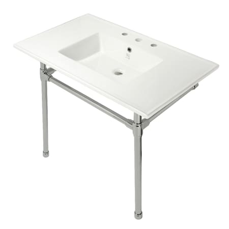 Fauceture KVPB37227W86 37-Inch Console Sink with Stainless Steel Legs (8-Inch, 3 Hole), White/Polished Nickel KVPB37227W86